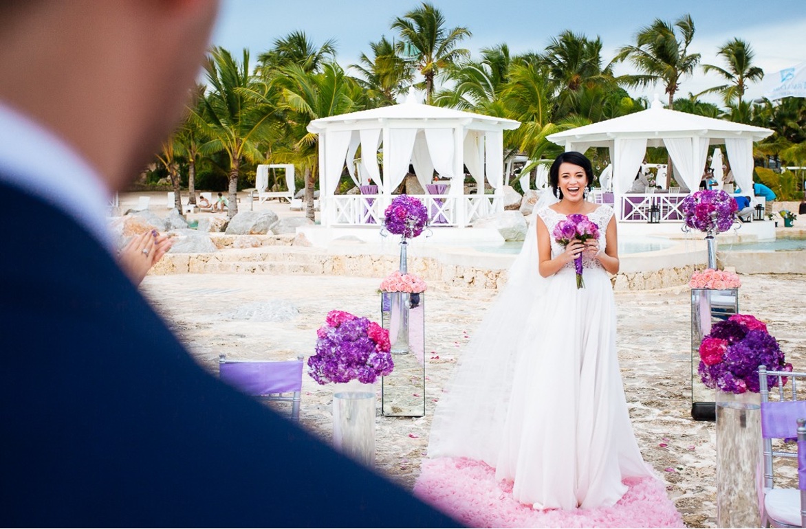 The bride's entrance to the wedding at Tracadero Beach Club, one of the most popular wedding venues in Punta Cana